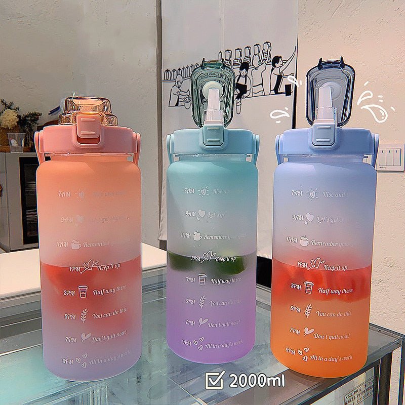 2L motivierende Wasserflasche mit Strohhalm (BPA-frei)